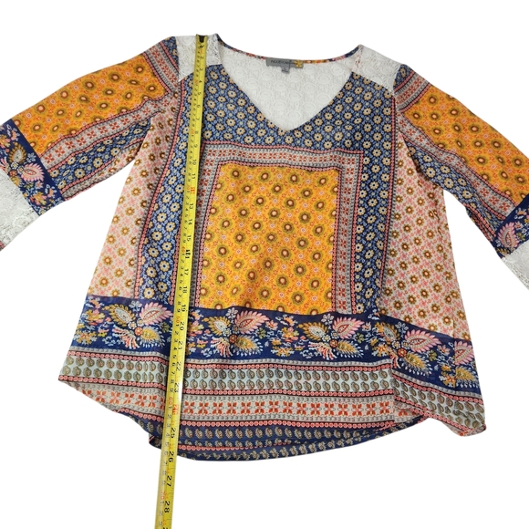 Figueroa & Flower Boho Patchwork Lace Trim Blouse Small V-Neck Flowy Festival - Picture 16 of 16
